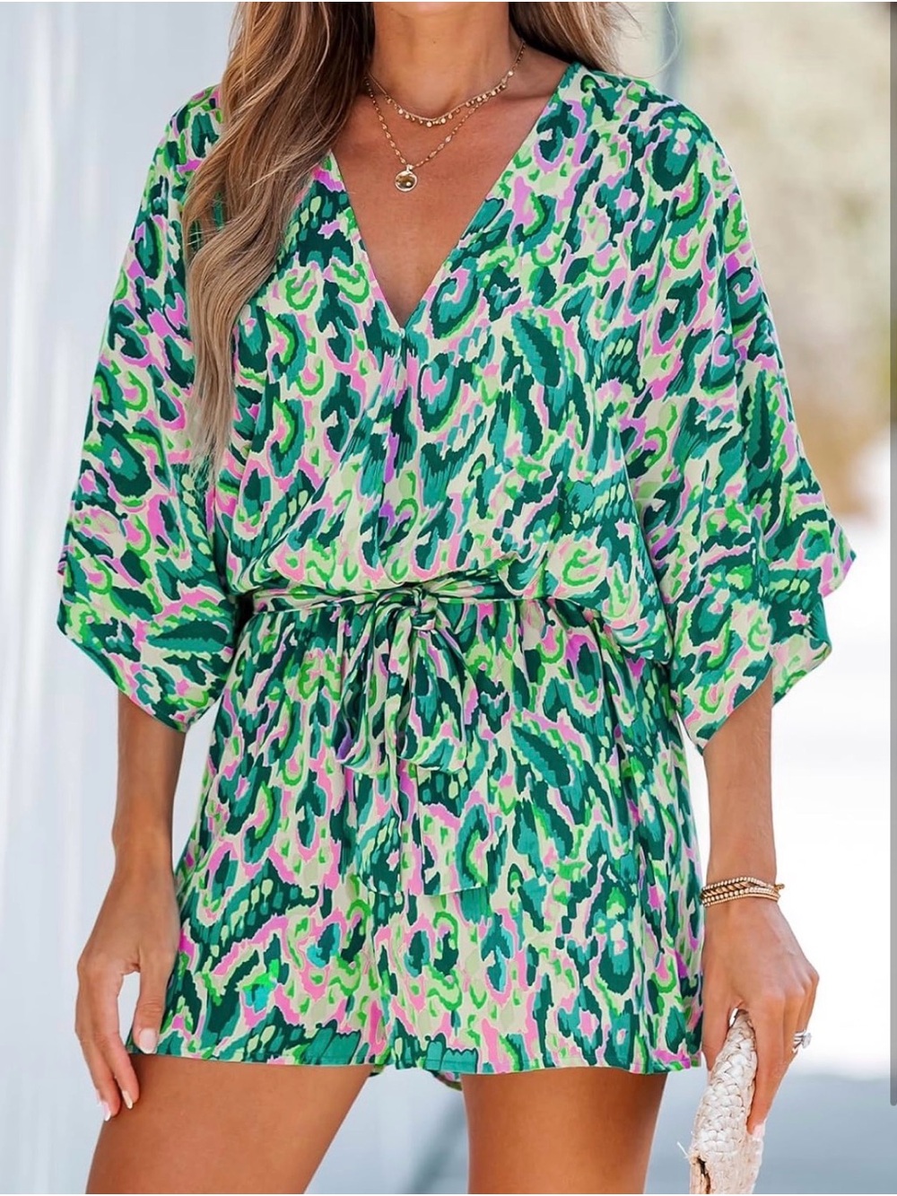 Women’s Green Multicolor V-Neck Swim Cover-Up Romper